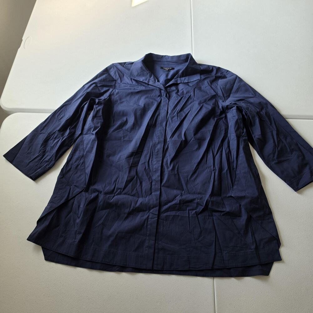 Lafayette 148 New York Button Up Shirt Womens 3X Blue Tunic Stretch 3/4 Sleeve